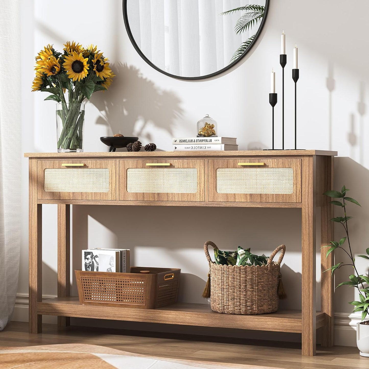 51.2" Entryway Table with 3 Rattan Drawers, Boho Console Table Narrow with Storage, Long Sofa Table for behind Couch Entry Hallway, Entrance, Living Room, Oak Brown