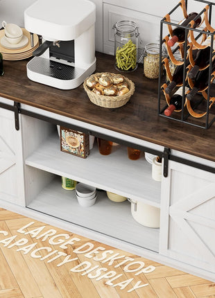 Farmhouse Sideboard Buffet Cabinet with Sliding Barn Doors and Shelving for Dining Room and Coffee Bar, White Finish