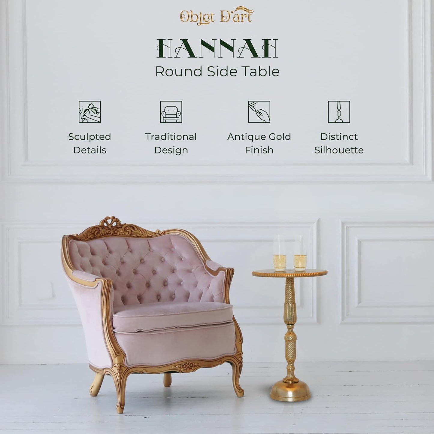 Small round Gold Side Table, Hannah, 20" Height, Vintage Metal Accent, Side, Pedestal, Coctail and Drink Tables for Living Room and Small Spaces