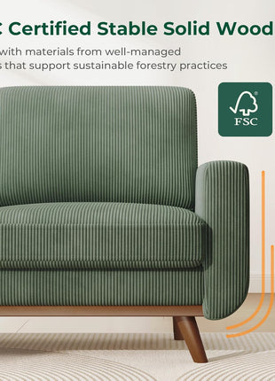 68-Inch Green Corduroy Loveseat Sofa with Spring Cushion and Solid Wood Frame for Modern Living Spaces, Bedrooms, and Offices