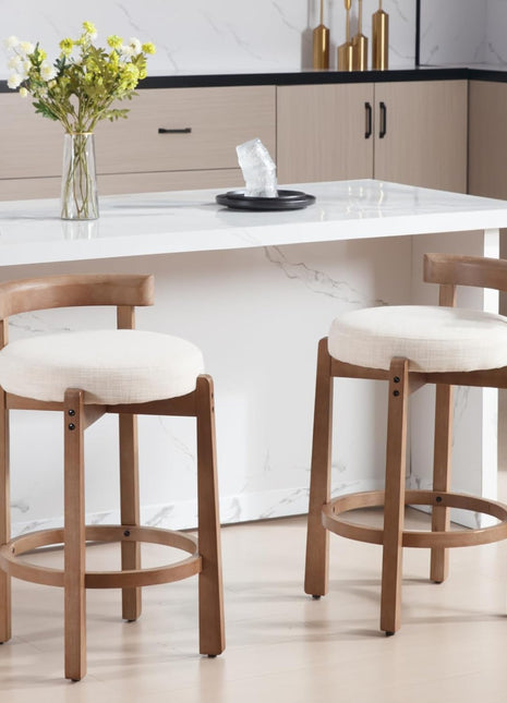 Set of 2 Mid-Century Modern Linen Upholstered Bar Stools, 26.5-Inch Counter Height with Solid Wood Legs for Kitchen Island and Dining Room, Beige