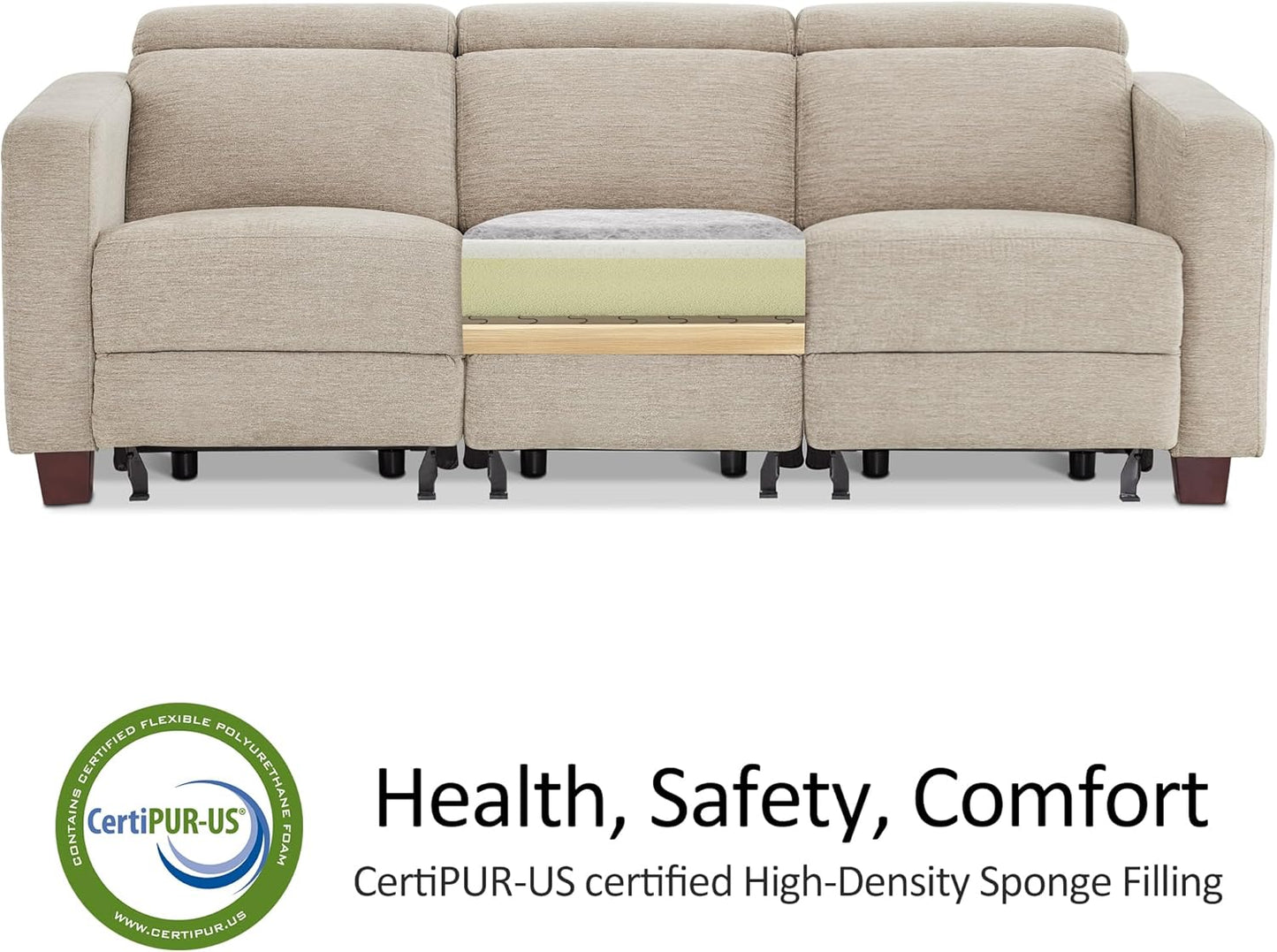 88.6'' Reclining Sofa, Wall Hugger Power Recliner Sofa with Adjustable Headrest, USB a & C Charge Ports, Wood Legs, for Living Room (Fabric, HL198M3) (Beige, 3-Seater)