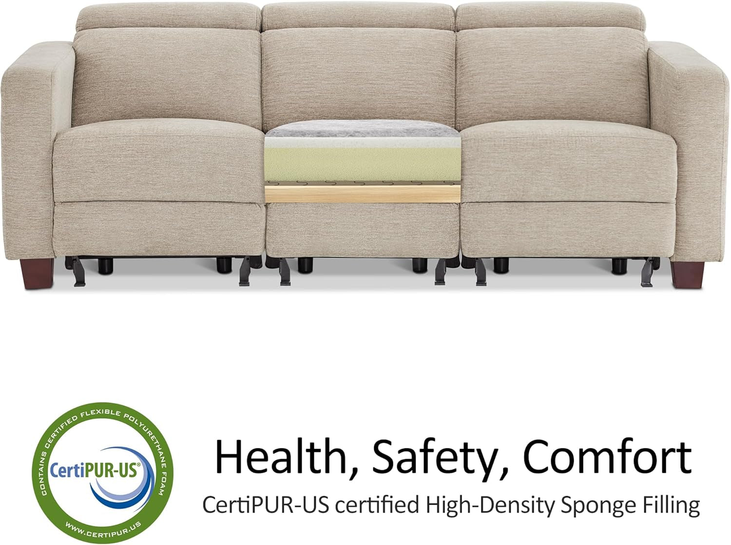 88.6'' Reclining Sofa, Wall Hugger Power Recliner Sofa with Adjustable Headrest, USB a & C Charge Ports, Wood Legs, for Living Room (Fabric, HL198M3) (Beige, 3-Seater)