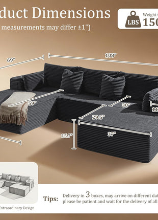 108" Cloud Sectional Sofa - U-Shaped Boneless Design, Extra Deep Seats, No Assembly Required, Minimalist Modular Style, Dark Grey Corduroy (2 Seater + Left Facing Chaise + Ottoman)