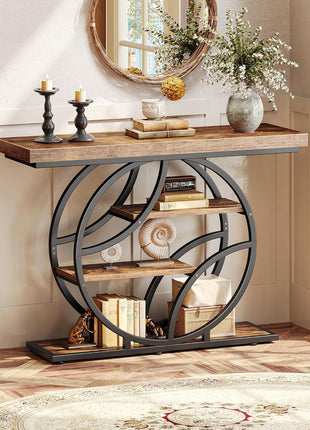41.3-Inch Industrial Entryway Console Table with Storage Shelves in Rustic Brown Finish and O-Shaped Metal Frame