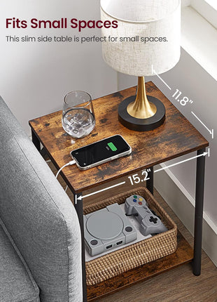 Set of 2 Rustic Brown and Black End Tables with Charging Station, Nightstands Featuring Outlets and USB Ports, Ideal for Living Room and Bedroom with Storage Shelf