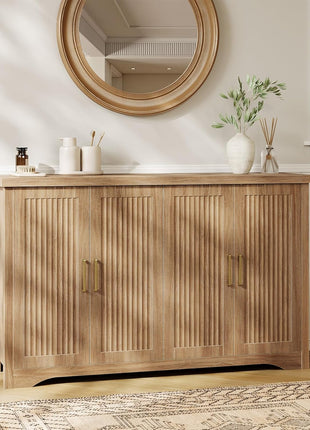 Contemporary Fluted Buffet Cabinet with Storage, 4-Door Accent Sideboard and Adjustable Shelves, Wood Console Table for Dining Room, Kitchen, Living Room, and Entryway in Natural Oak