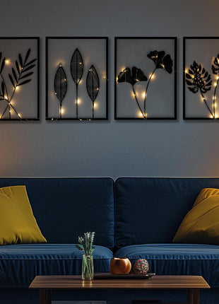Framed Black Metal Wall Art - Set of 4 3D Modern Minimalist Abstract Decor with Lighting for Living Room, Bedroom, and Bathroom