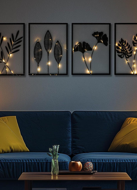 Framed Black Metal Wall Art - Set of 4 3D Modern Minimalist Abstract Decor with Lighting for Living Room, Bedroom, and Bathroom