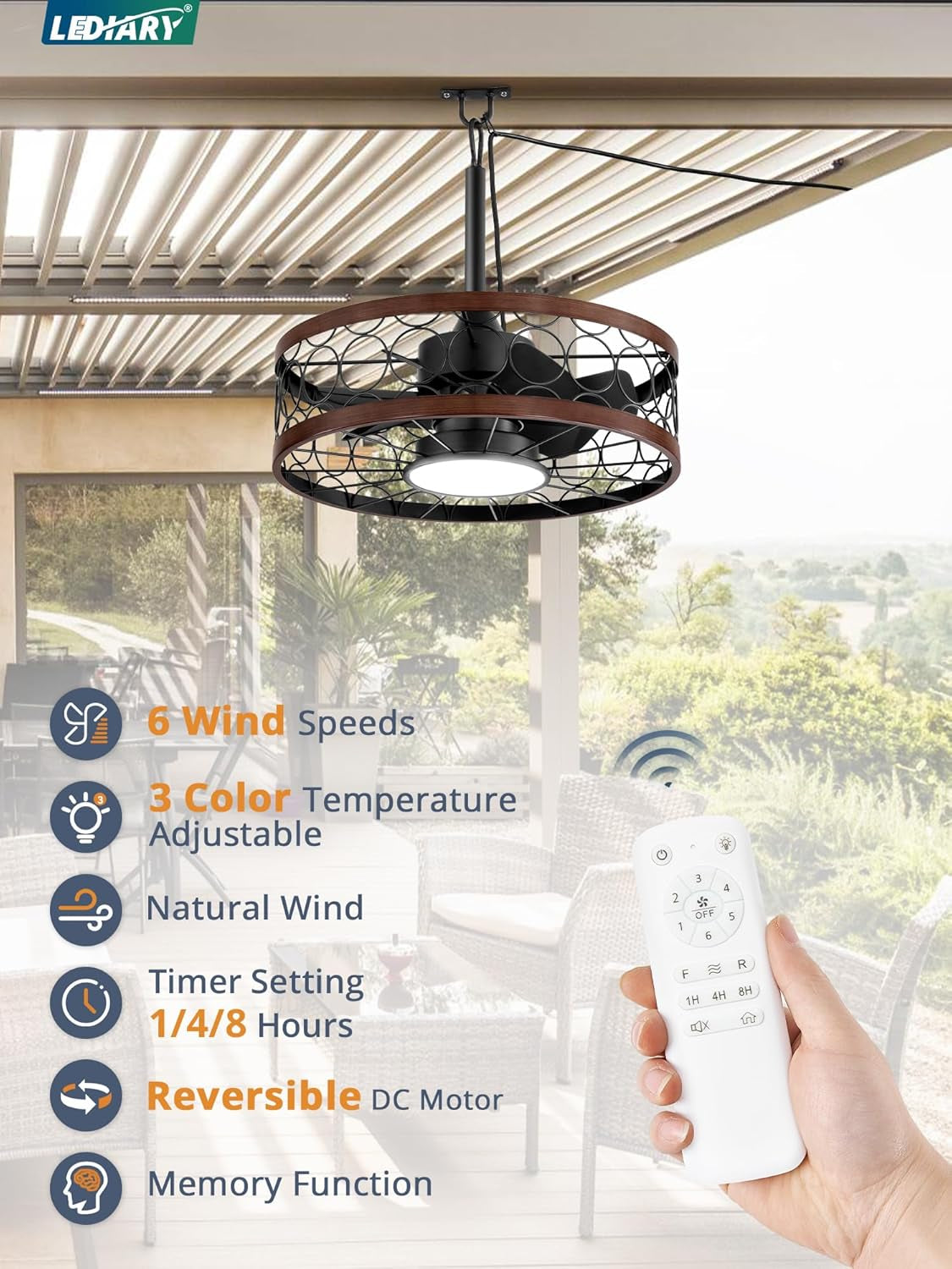 Outdoor Ceiling Fan with Light and Remote,Waterproof Gazebo Fan with Hanging Hook,6 Speeds, 3CCT, 20 Inch Caged Plug in Ceiling Fan for Patios,Porch, Pergola,Canopy
