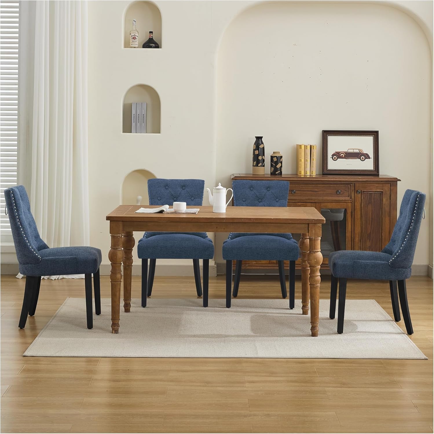 Upholstered Tufted Dining Chairs Set of 4, Fabric Side Dining Room Chairs with Nailhead Back Ring Pull Trim Solid Wood Legs, Dark Blue