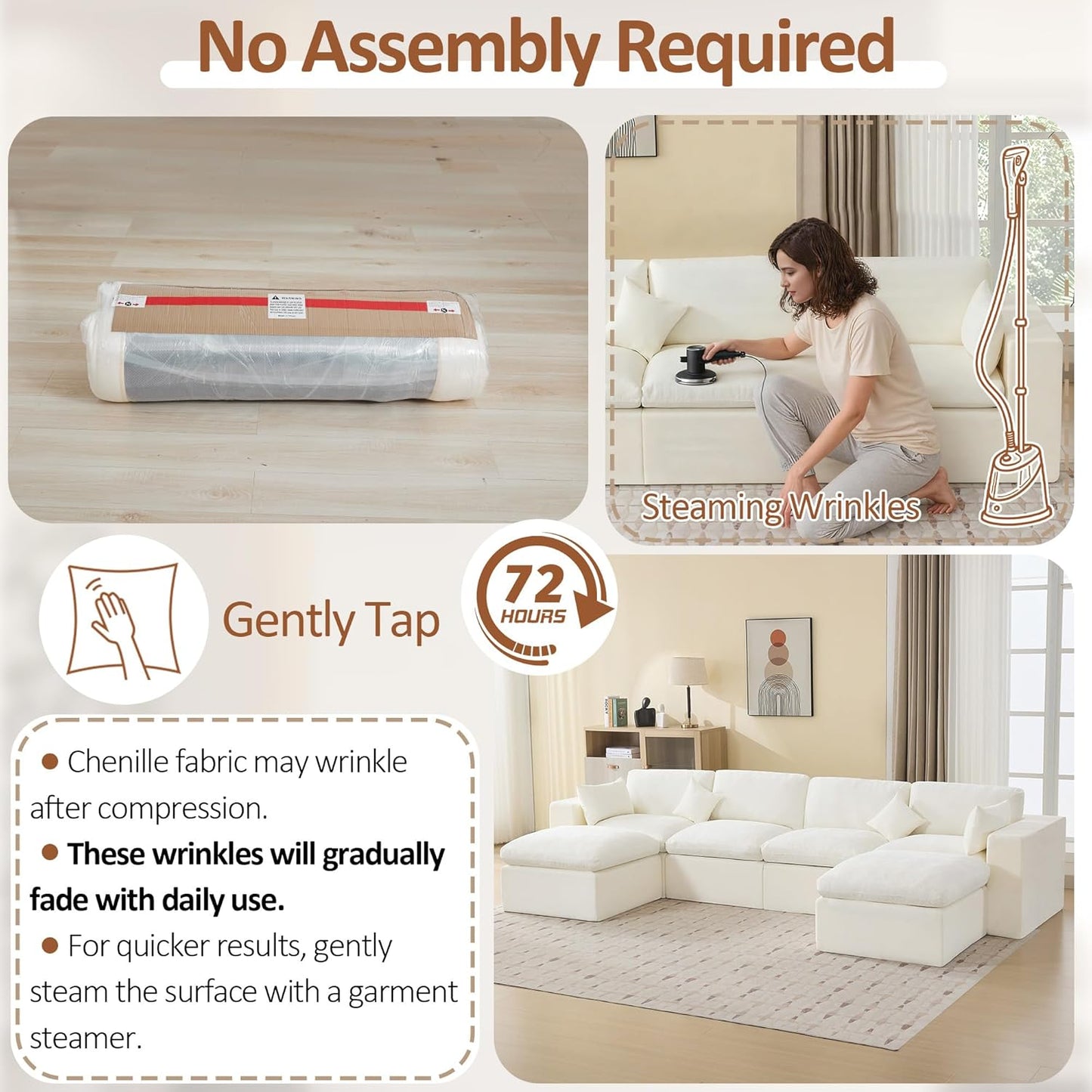 155''Cloud Boneless Sectional Couch, Modular Sectional Sofa Deep Seat with 2 Ottomans, Oversized Upholstered Convertible Comfy 6 Seater Chenille Sofa U Shape Couches for Living Room, Beige