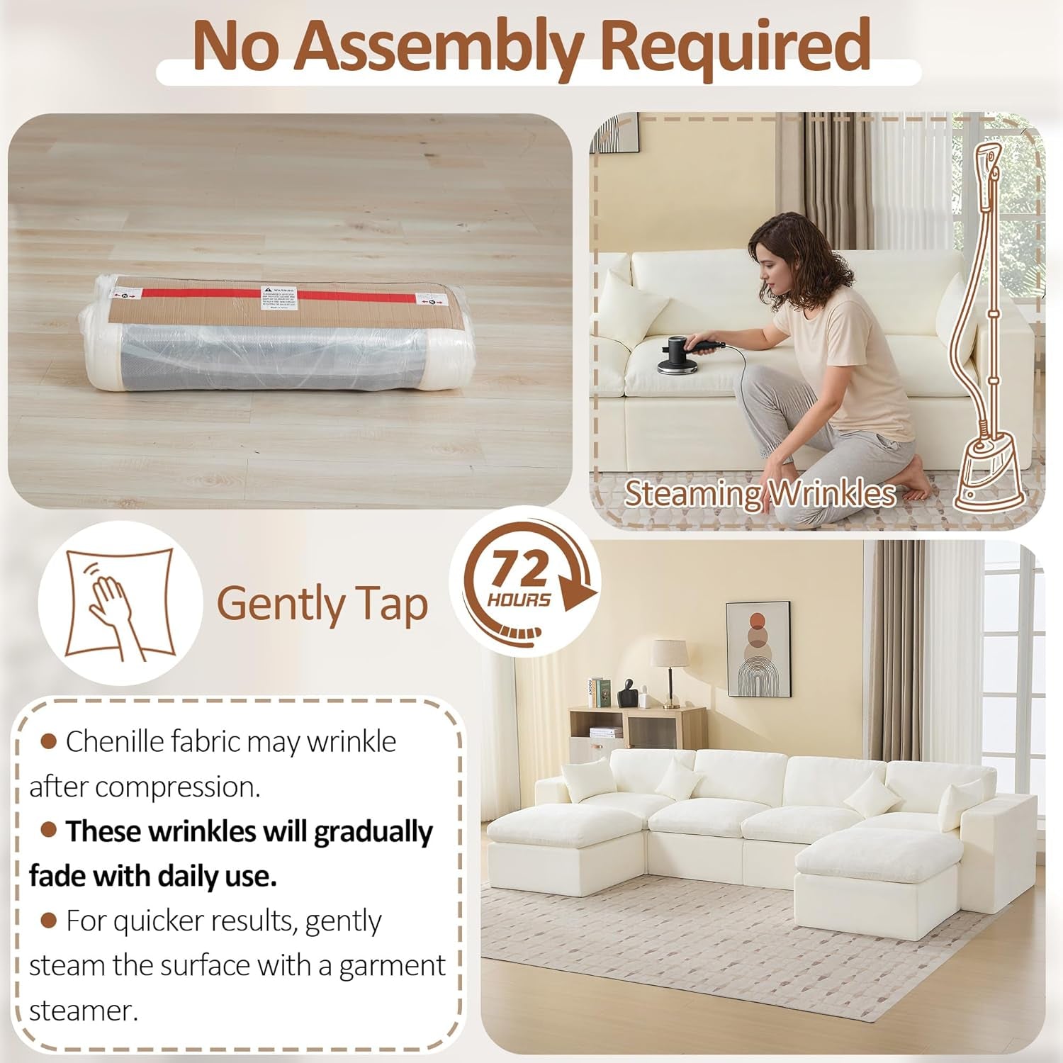 155''Cloud Boneless Sectional Couch, Modular Sectional Sofa Deep Seat with 2 Ottomans, Oversized Upholstered Convertible Comfy 6 Seater Chenille Sofa U Shape Couches for Living Room, Beige