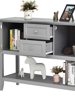 Grey Wood Buffet Sideboard with Storage Shelves, Drawers, and Cabinets for Living, Kitchen, and Dining Areas