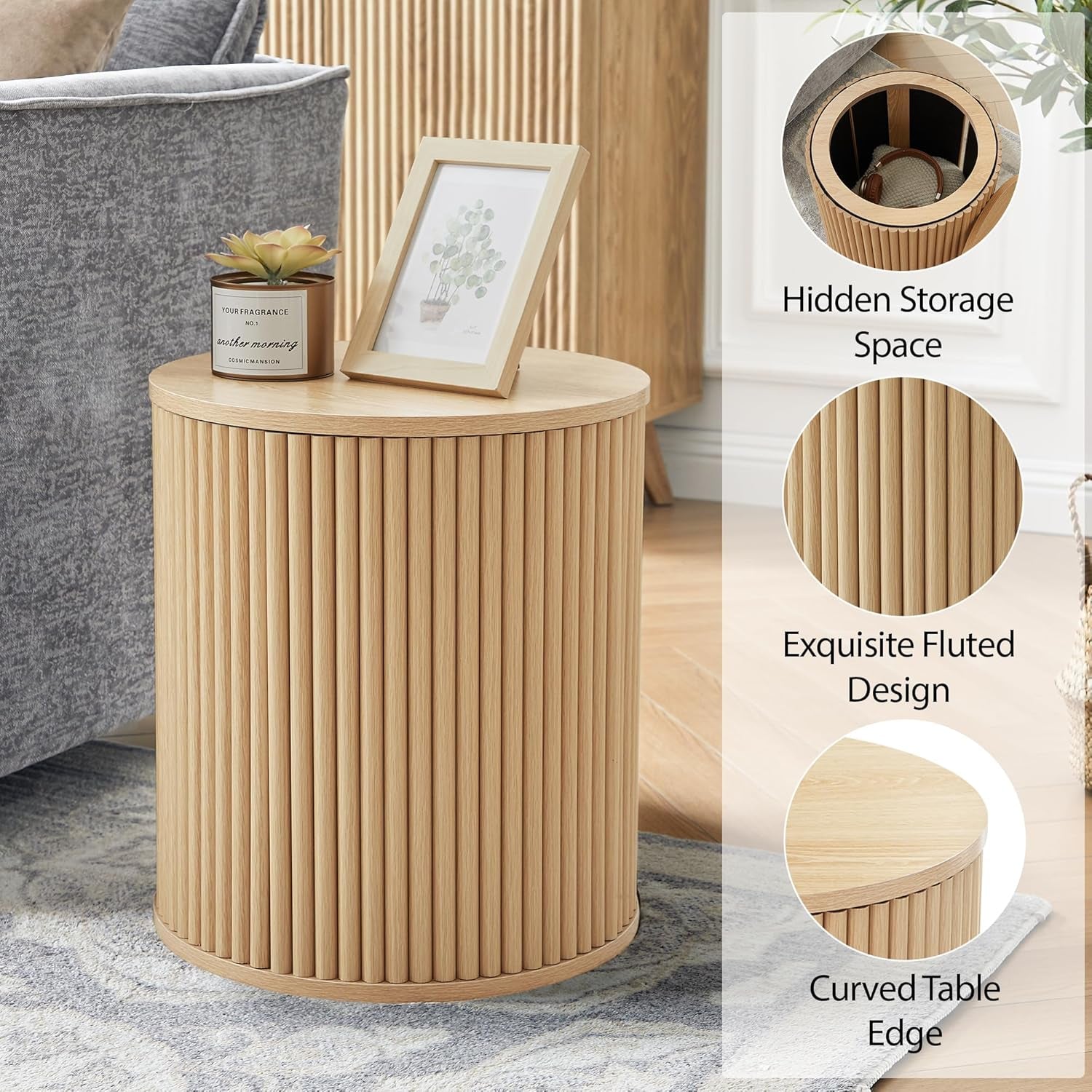 Small round Side Table Fluted Night Stand Set of 2, Modern Boho End Table with Storage, Circle Bedside Tables Wood Nightstands for Small Spaces, Living Room, Bedroom (Nature)