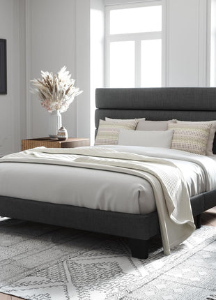 Queen Size Platform Bed Frame with Upholstered Headboard and Wooden Slat Support, No Box Spring Required, Easy Assembly, Dark Grey