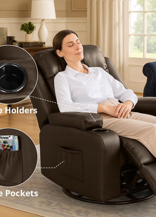 Brown PU Leather Swivel Recliner Chair with Cup Holders and Side Pockets for Living Room or Bedroom