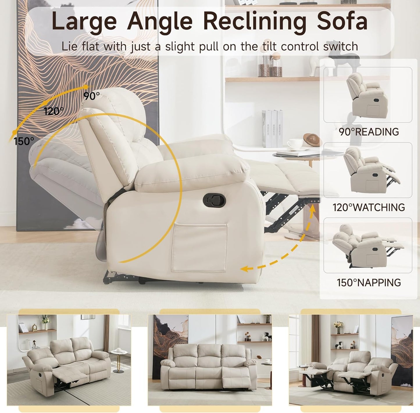 Manual Recliner Sofa, 3 Seater Reclining Couch with Side Pocket for Living Room, RV, Home Theater(3 Seat,Beige)