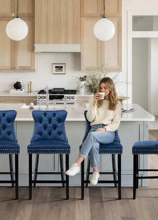 Set of 4 Modern Velvet Bar Stools with Wooden Legs, Button Tufted Design, and Chrome Nailhead Accents (Blue)