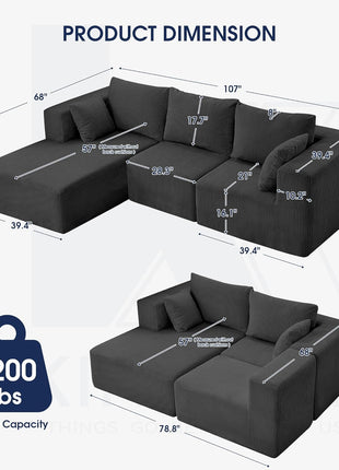 107-Inch Modular L-Shaped Sectional Sofa, Contemporary Cloud Couch with Chaise for Living Room and Bedroom, Gray