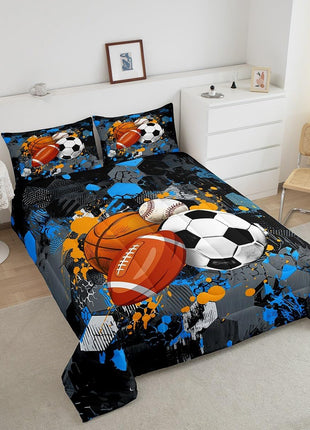 Twin Size Sports Comforter Set - Basketball and Football Bedding for Boys and Girls in Black, Grey, and Blue