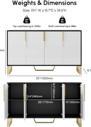 59-Inch Contemporary Buffet Sideboard Cabinet with Storage - Stainless Steel Frame, Four Doors, and Adjustable Shelves for Dining Room, Living Room, and Entryway