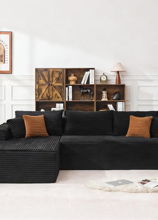 108" Modular Sectional Sofa with Oversized Chaise - L-Shaped Cloud Couch in Plush Corduroy Black, Featuring High-Density Memory Foam and a Deep Seat, No Assembly Required