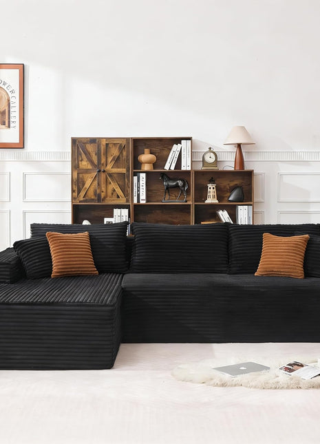 108" Modular Sectional Sofa with Oversized Chaise - L-Shaped Cloud Couch in Plush Corduroy Black, Featuring High-Density Memory Foam and a Deep Seat, No Assembly Required