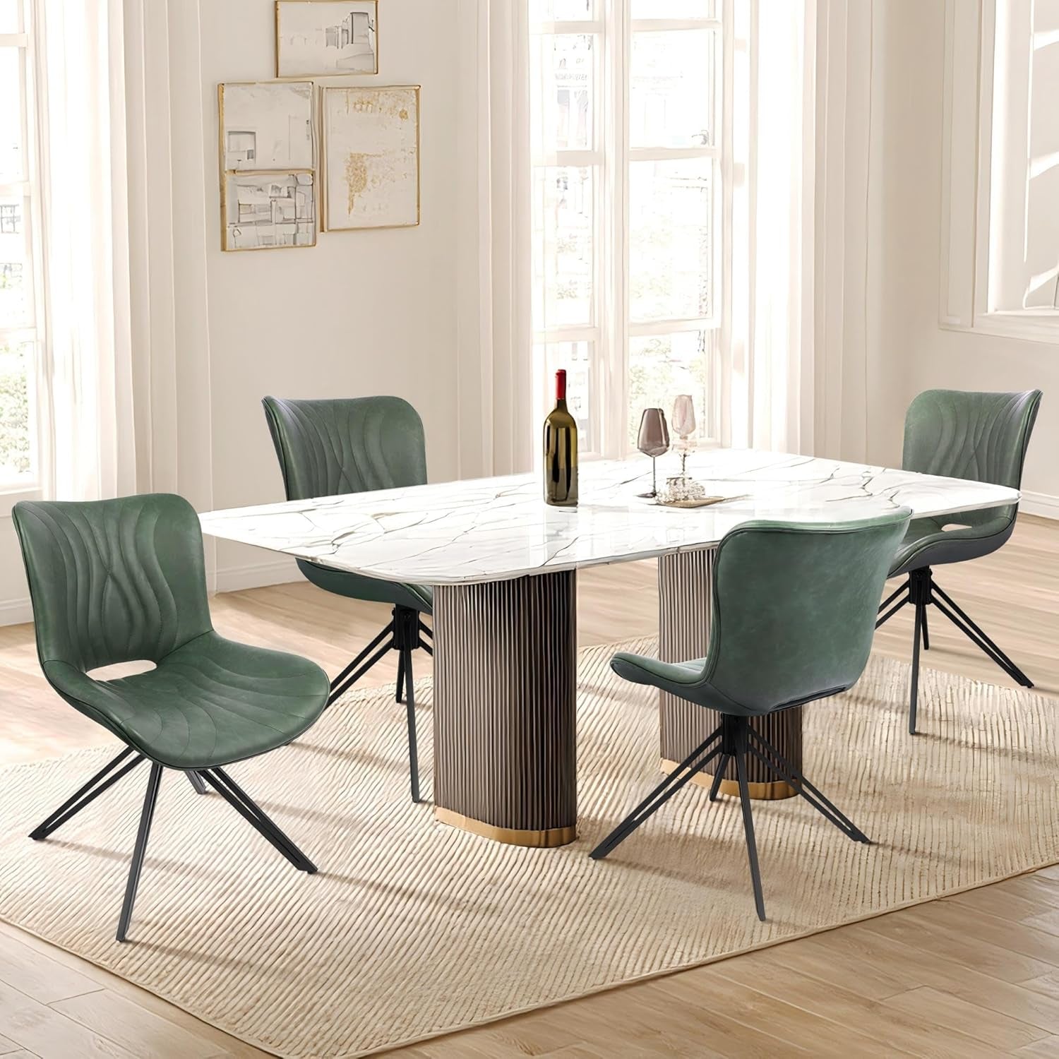 Dining Chairs Set of 4, 360° Swivel Upholstered Mid-Century Modern Kitchen Dining Room Chairs, Armless Faux Leather Accent Side Chair with Padded Back,Metal Legs for Living Room Bedrooms,Green