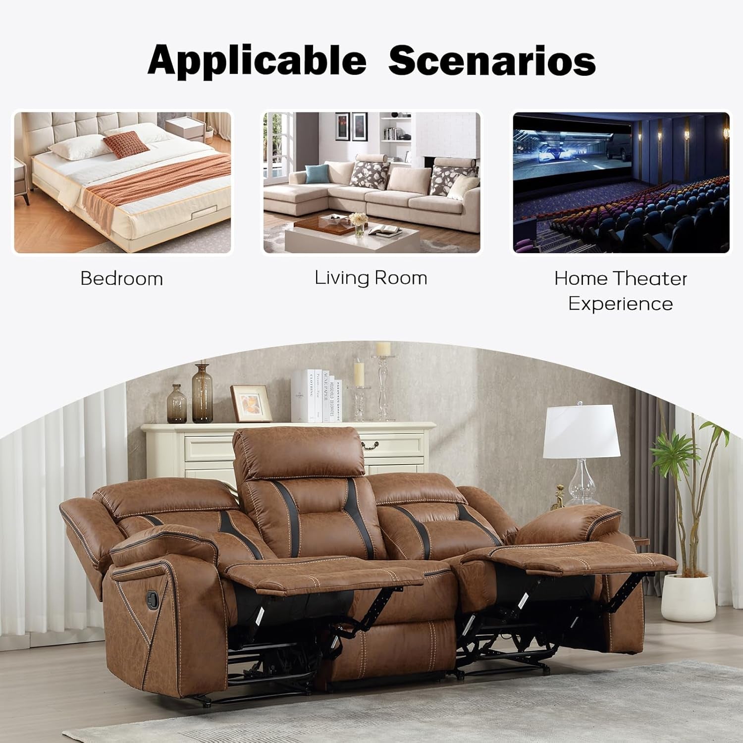 Faux Leather Manual Reclining Sofa, 3 Seat Recliner Sofa Chair, Couch Furniture for Living Room, Furniture, Meeting Room, Brown (3 Seat Sofa)