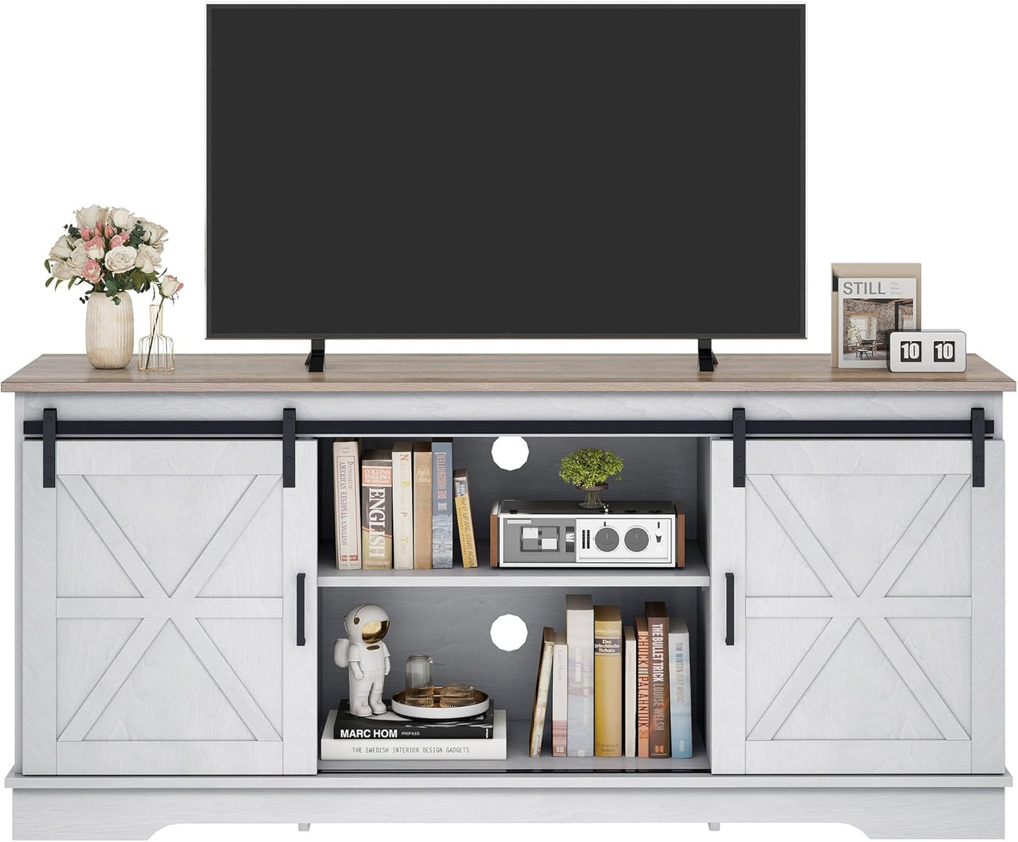 Farmhouse TV Stand for 65 Inch Television Stand, Entertainment Center with Storage Cabinets and Sliding Barn Doors, Rustic Media TV Console Table for Living Room, Grey White/Grey Wash