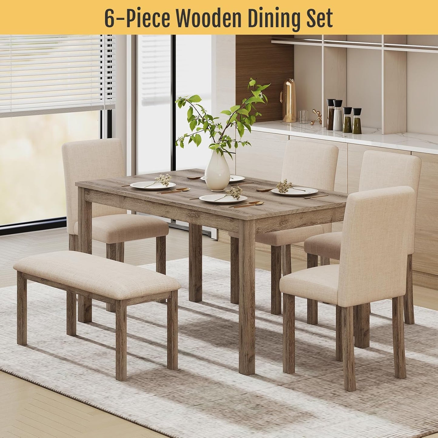 6-Piece Solid Wood Dining Table Set, Including 1 Dining Table, 4 Upholstered Chairs and 1 Bench, Wooden Legs Dining Table Set for Dining Room, Kitchen, Restaurant, Brown