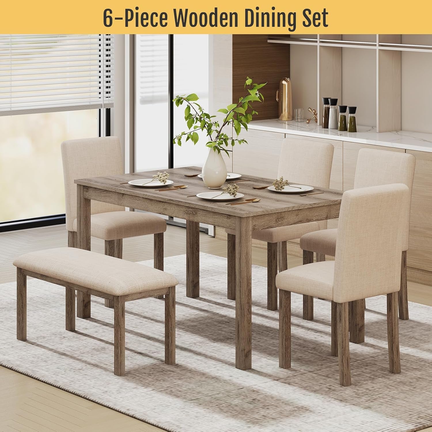 6-Piece Solid Wood Dining Table Set, Including 1 Dining Table, 4 Upholstered Chairs and 1 Bench, Wooden Legs Dining Table Set for Dining Room, Kitchen, Restaurant, Brown