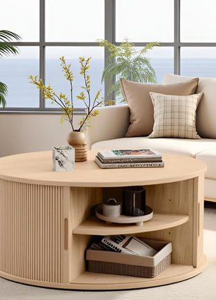31.5" Round Drum Coffee Table with Sliding Tambour Door, Fluted Accent Design, and Storage in Mid-Century Modern Style, Oak Finish for Living Room