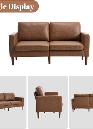 65-Inch Mid-Century Modern Faux Leather Loveseat Sofa with Solid Wood Frame, Ideal for Compact Living Spaces and Bedrooms, Brown