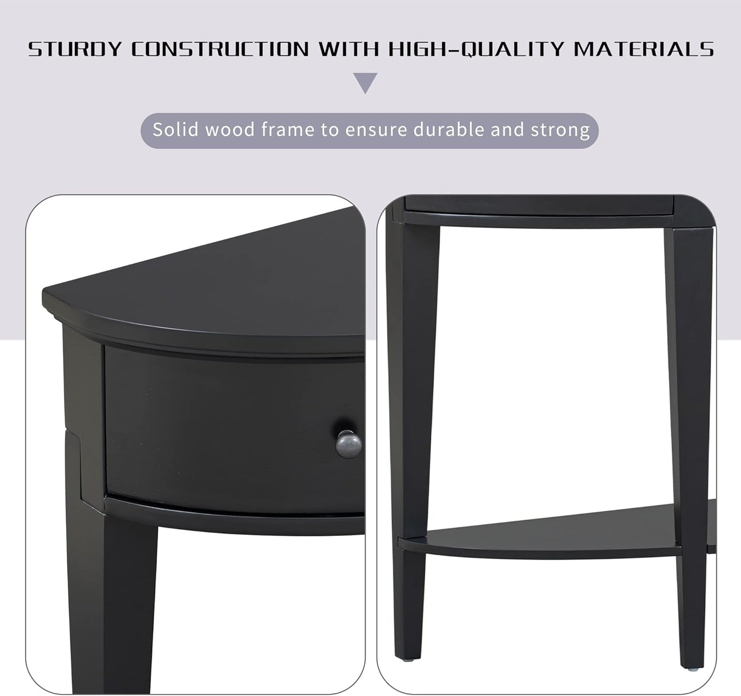 Half-Moon Console Table, Retro Sofa Table with 3 Storage Drawers and Shelf, Solid Wood Side Table for Entryway Living Room Bedroom, Black