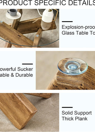 Round Glass Top Coffee Table for Living Room, 33.4-Inch Rustic Farmhouse Center Table with Mid-Century Wooden Crossed Legs