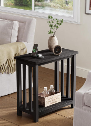 Set of 2 Black Narrow End Tables with Storage Shelf for Compact Spaces