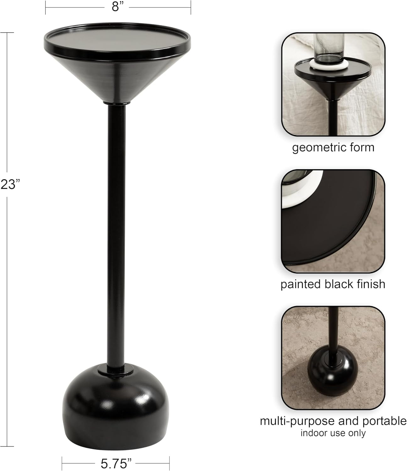 Frisk Modern round Drink Table; 8 X 8 X 23; Black; Metal Martini Table with Pedestal Table Design for Use as Small Indoor Plant Stand or Outdoor Patio Accent Table