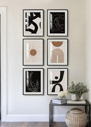 Framed Set of 6 Bohemian Black and White Modern Abstract Wall Art for Living Spaces, Minimalist Geometric Sun Prints for Bedroom, Office, and Bathroom Decor, 11x14 Inches