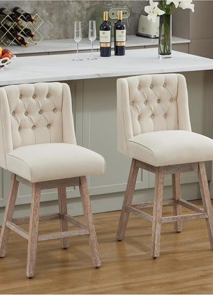 Set of 2 Contemporary 26" Swivel Bar Stools with Backrest, Linen Upholstered Counter Height Seating with Wooden Legs for Kitchen Island and Dining Area