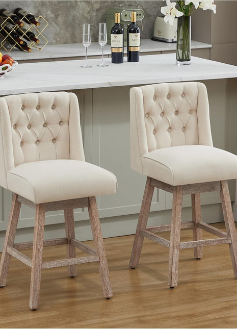 Set of 2 Contemporary 26" Swivel Bar Stools with Backrest, Linen Upholstered Counter Height Seating with Wooden Legs for Kitchen Island and Dining Area