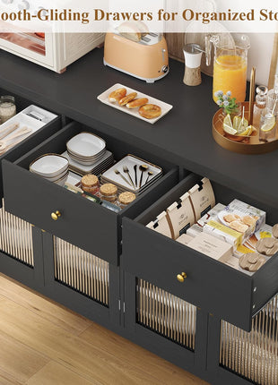55.1" Farmhouse Buffet Cabinet with Storage Solutions, Featuring 3 Drawers and 4 Doors, Black Wood Sideboard for Kitchen and Coffee Bar