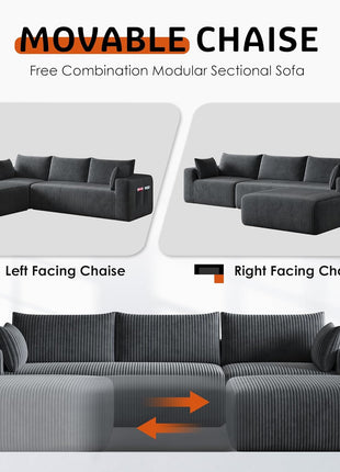 Luxurious 108" Modular Sectional Sofa in Dark Gray Corduroy - L-Shaped Design with Deep Chaise and No Assembly Required - Ideal for Apartment Living