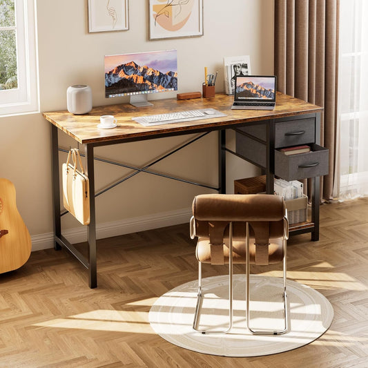 48 Inch Computer Desk with Drawers for Home Office, Writing Desk with X-Shaped Reinforcement, Wood Table with Adjustable Position Drawers, Modern Study Work Table with Side Hook, Rust
