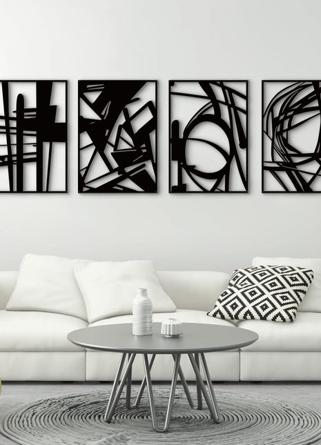 Set of 4 Black Abstract Metal Wall Art - Minimalist Single Line Décor with 3D Textured Sculptures for Living Spaces (Medium Size 16 x 11 inches)
