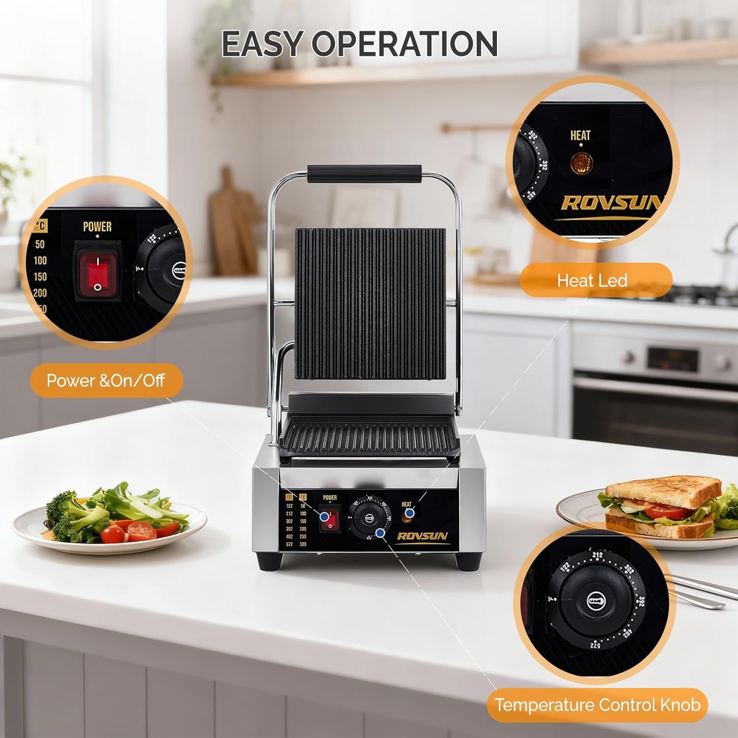 811 Commercial Sandwich Make, 1800W Stainless Steel Countertop Panini Press Grill with Adjustable Temp 122°F–572°F, for Steak, Burgers, Home & Restaurant Use, 110V, Silver