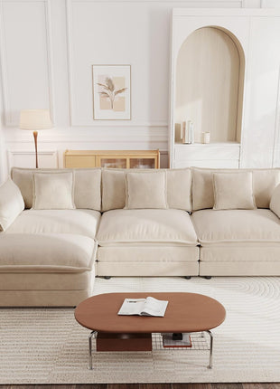 111.5" Modular Sectional Sofa - L-Shaped 3-Seater with Movable Ottoman in Light Coffee Finish