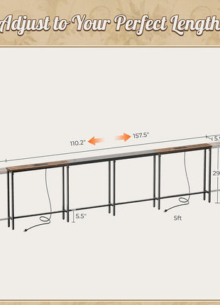 Adjustable Rustic Brown Sofa Table with Dual Power Outlets and USB-C Port, 110.2-157.5 Inch Length, Entryway Console with Anti-Tip Kit for Living Room