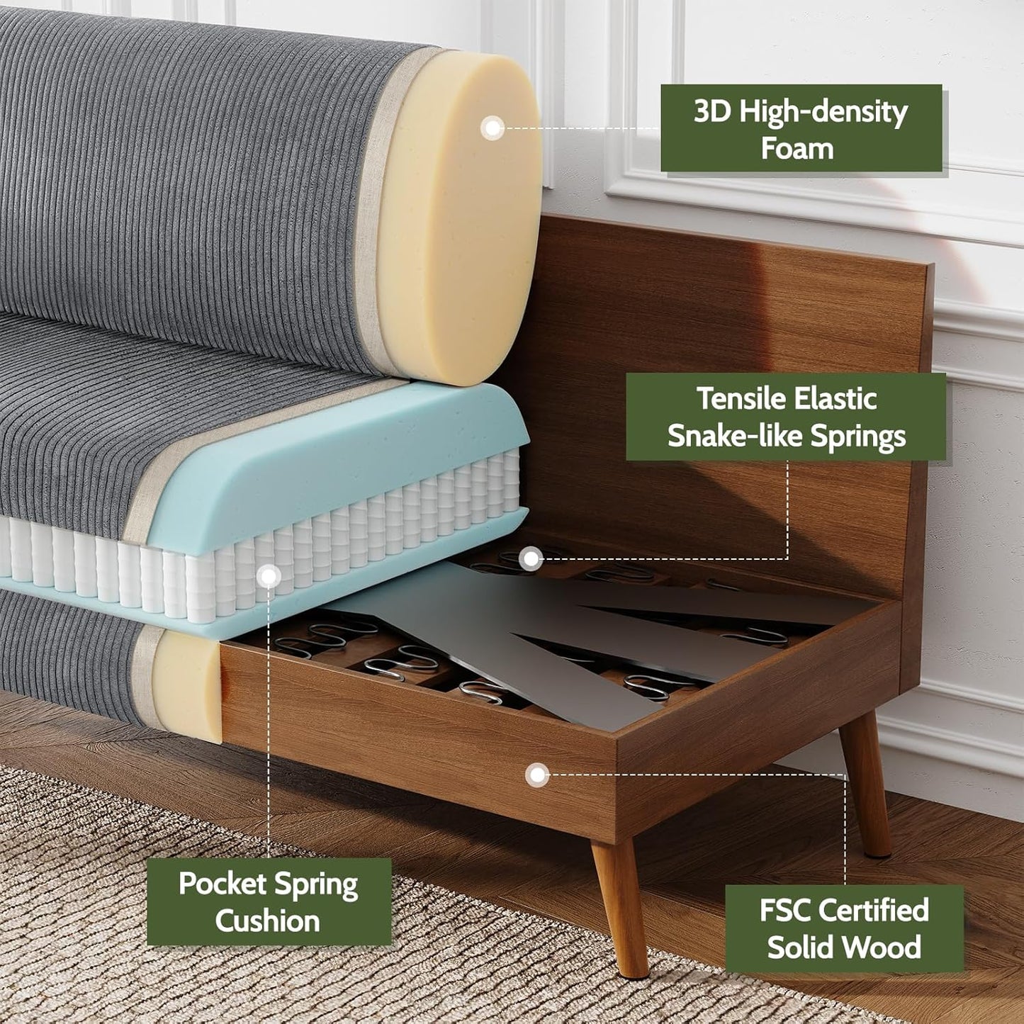 68" Loveseat Sofa Grey Corduroy Couch, Mid Century Modern Love Seat Couches for Living Room, Small Loveseat for Bedroom Office, Comfy Sofa with Spring Cushion, Solid Wood, Tool-Free Assembly